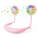 Wholesale Hand Free Mini USB Fan Rechargeable Portable Headphone Design Wearable Neckband Fan, 3 Level Air Flow, 7 LED Lights, 360 Degree Free Rotation (Pink)